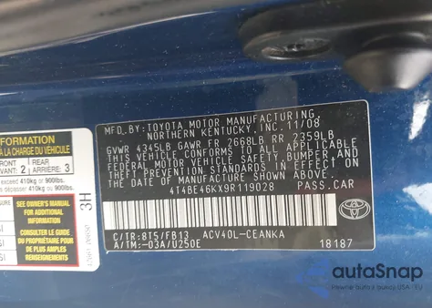 2009 Toyota Camry Le from USA, damaged, VIN 4T4BE46KX9R119028